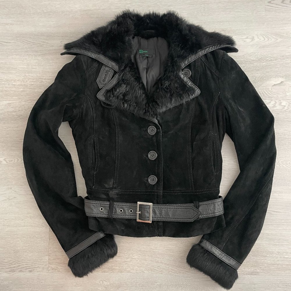 Benetton Black Suede Jacket w Fur Trim